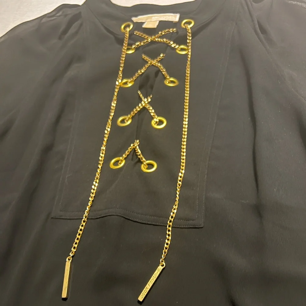 MICHAEL KORS Black Chiffon Tunic w Gold-tone Metal Lace Up Front. Large